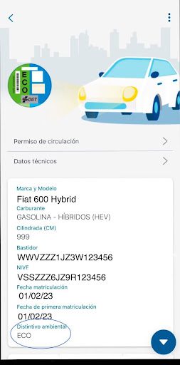 Aplicación de la DGT donde aparece la etiqueta medioambiental llamada distintivo ambiental con el tipo de etiqueta ECO