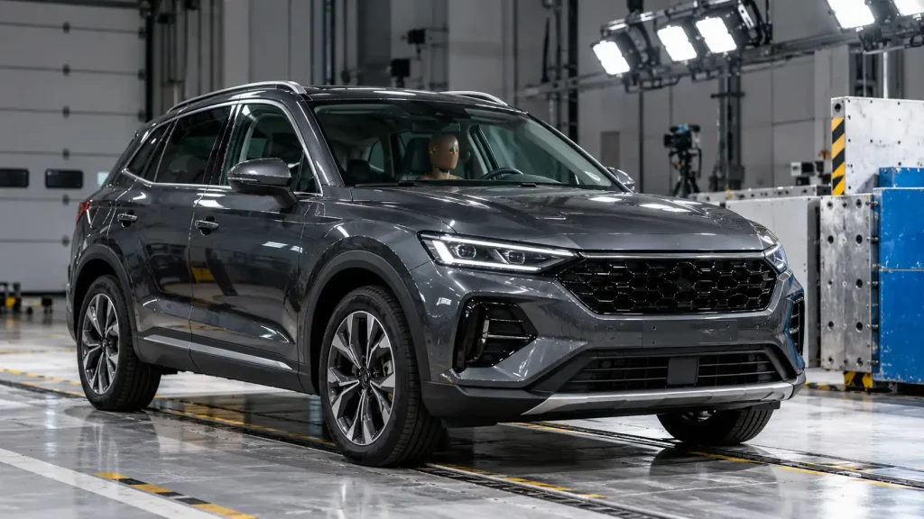 SUV en prueba de impacto industrial